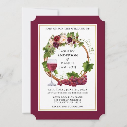 Watercolor Floral Grapes Wreath Burgundy Wedding Invitation