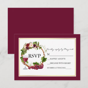 Watercolor Floral Grapes Wreath Burgundy Wedding RSVP Card