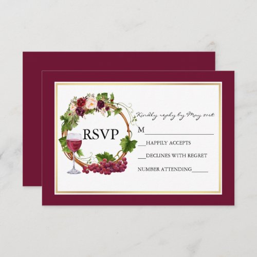 Watercolor Floral Grapes Wreath Burgundy Wedding RSVP Card