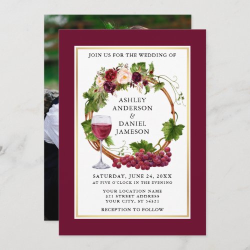 Watercolor Floral Grapes Wreath Photo Wedding Invitation