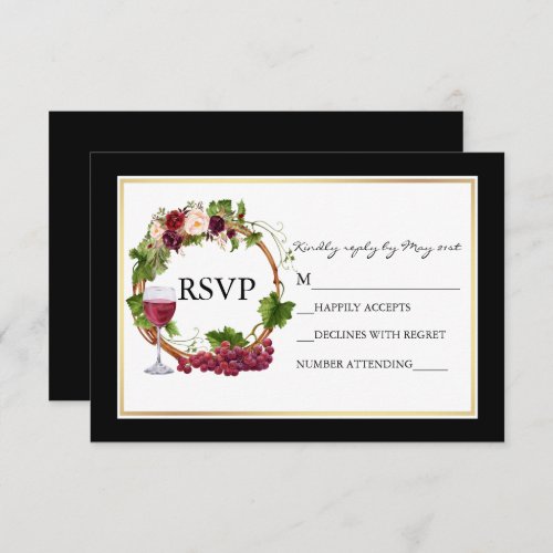 Watercolor Floral Grapes Wreath Wedding Black Gold RSVP Card