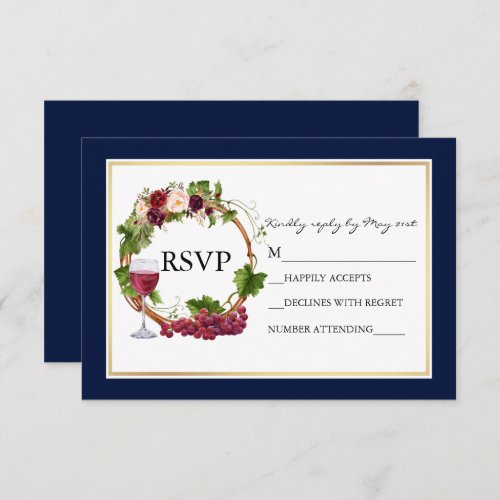 Watercolor Floral Grapes Wreath Wedding Blue RSVP Card