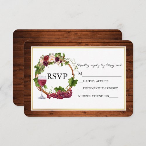 Watercolor Floral Grapes Wreath Wood Wedding RSVP Card