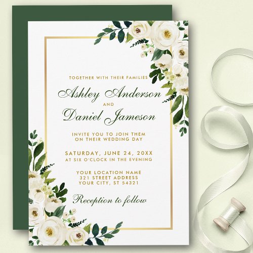 Watercolor Floral Green and Gold Wedding Invitation