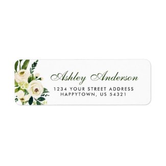 Watercolor Floral Green and White Address Label