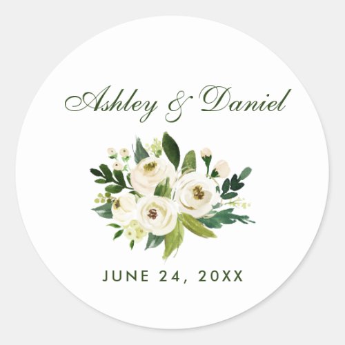 Watercolor Floral Green and White Wedding GS Classic Round Sticker
