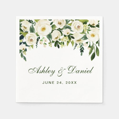Watercolor Floral Green and White Wedding Napkins