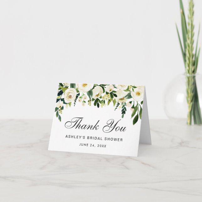 Watercolor Floral Green Bridal Shower Thanks Note Thank You Card (Front)