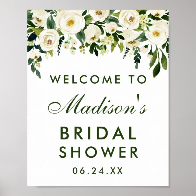 Watercolor Floral Green Bridal Shower Welcome Poster (Front)