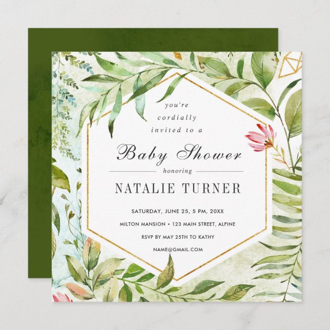 Watercolor Floral Green Foliage Baby Shower Invitation (Front/Back)