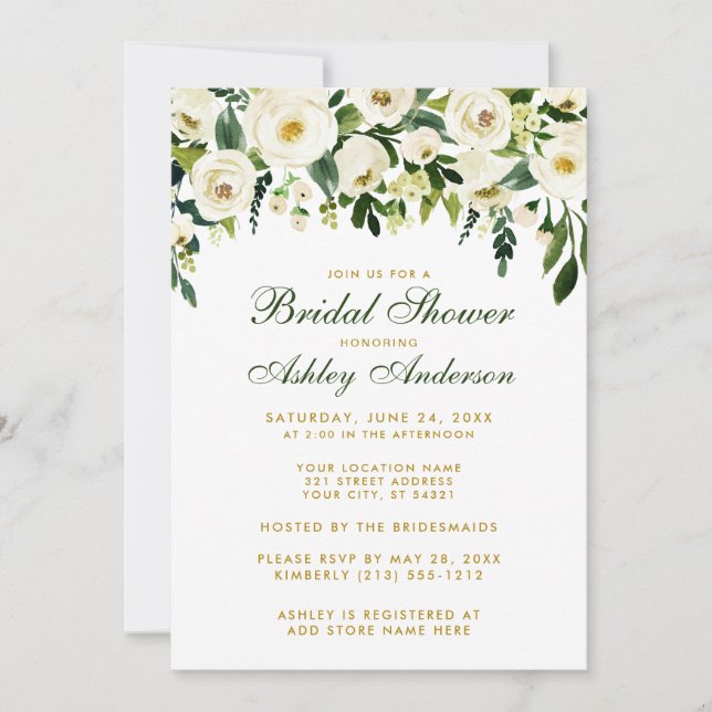 Watercolor Floral Green Gold Bridal Shower Invite (Front)