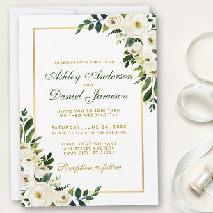 Watercolor Floral Green Gold Wedding G Invitation