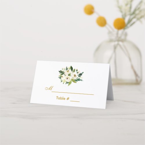 Watercolor Floral Green Gold Wedding Place Card
