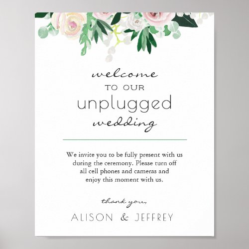 Watercolor Floral Green Unplugged Wedding Poster