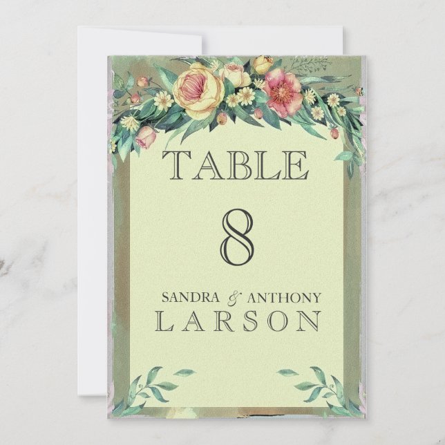 Watercolor Floral Green Wedding Table Numbers (Front)