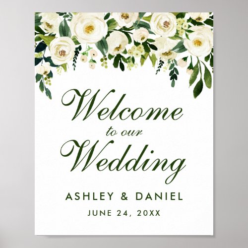 Watercolor Floral Green Wedding Welcome Poster
