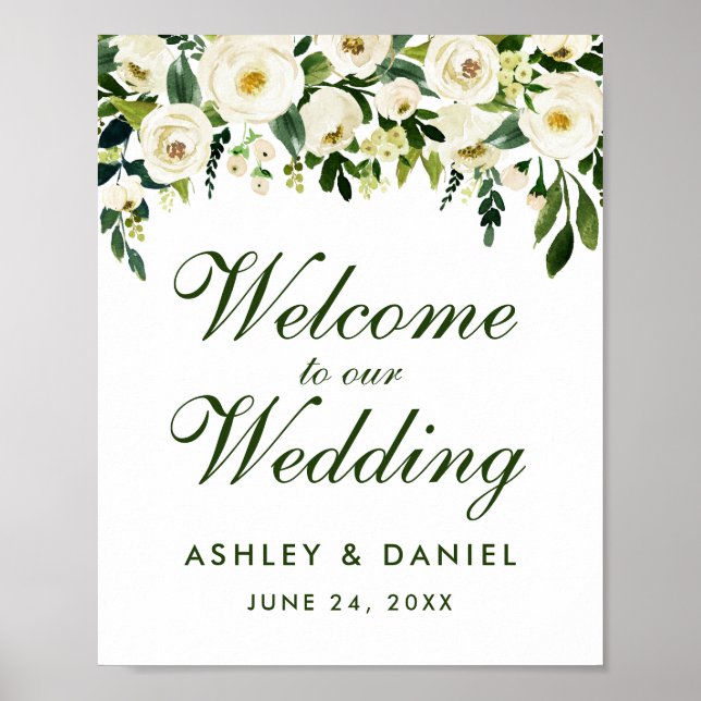 Watercolor Floral Green Wedding Welcome Poster (Front)