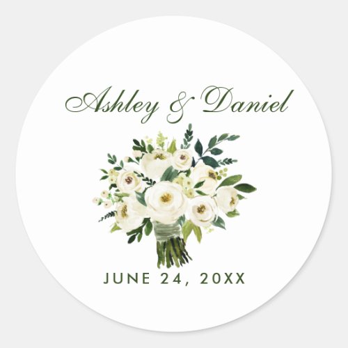 Watercolor Floral Green White Bouquet Wedding Classic Round Sticker