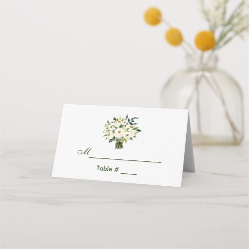 Watercolor Floral Green White Bouquet Wedding Place Card