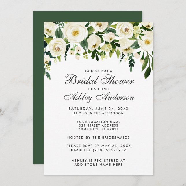 Watercolor Floral Green White Bridal Shower G Invitation (Front/Back)