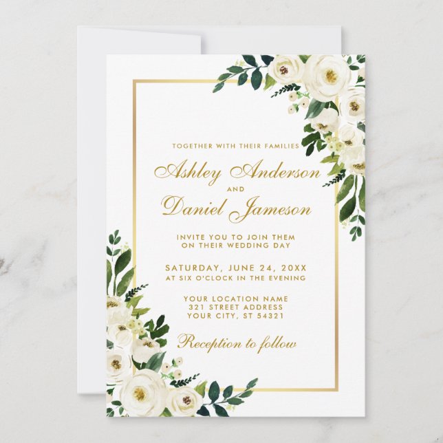 Watercolor Floral Green White Gold Wedding G Invitation (Front)