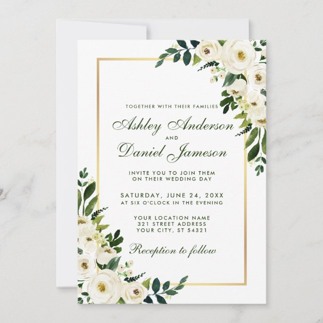 Watercolor Floral Green White Gold Wedding GS Invitation (Front)