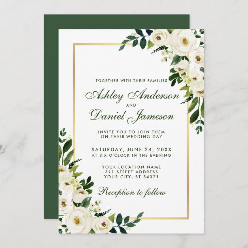 Watercolor Floral Green White Gold Wedding GSG Invitation