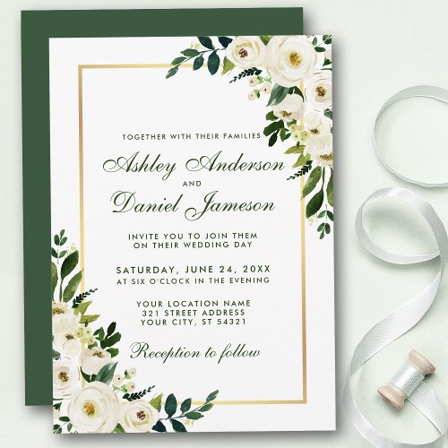 Watercolor Floral Green White Gold Wedding GSG Invitation