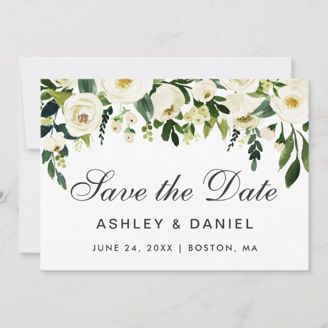 Watercolor Floral Green White Save The Date (Front)