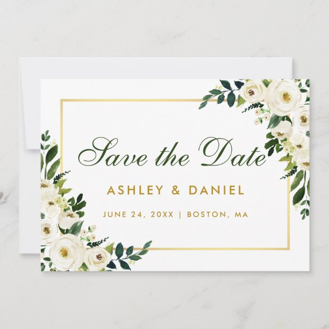 Watercolor Floral Green White Save The Date Gold (Front)