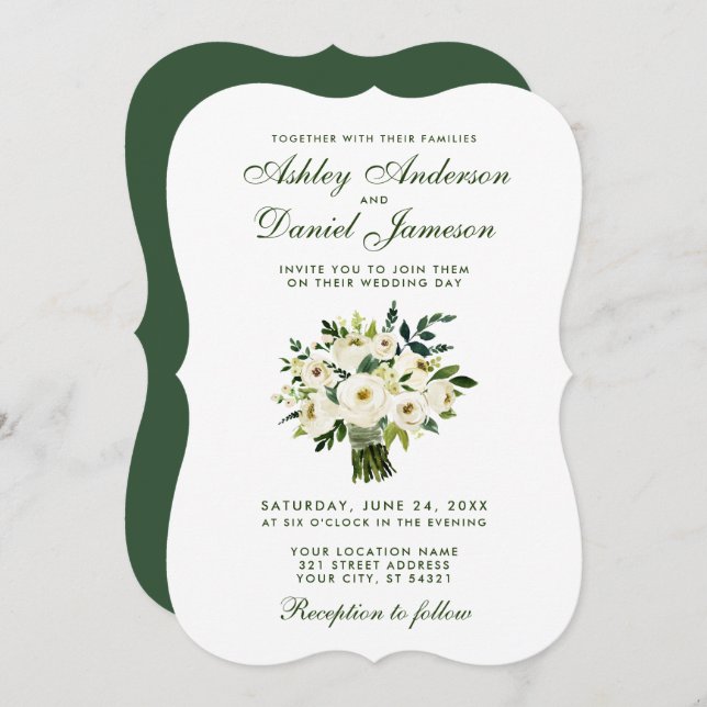 Watercolor Floral Green White Wedding Bouquet B Invitation (Front/Back)