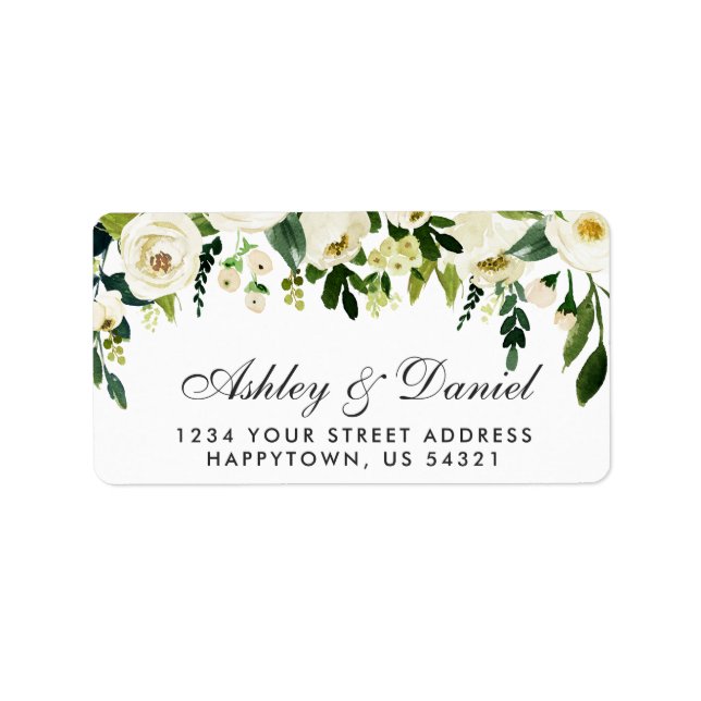 Watercolor Floral Green White Wedding Label (Front)