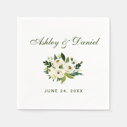 Watercolor Floral Green White Wedding Napkins