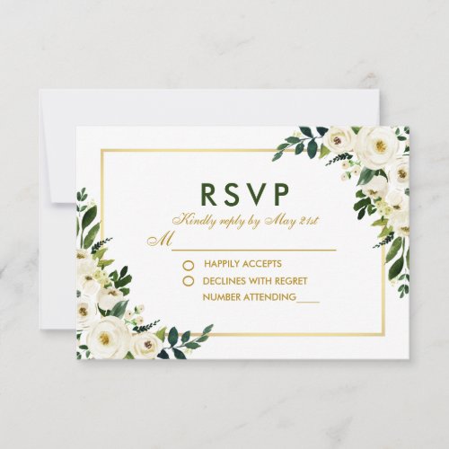 Watercolor Floral Green White Wedding RSVP G