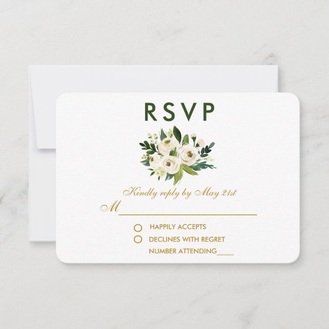 Watercolor Floral Green White Wedding RSVP GG Card (Front)