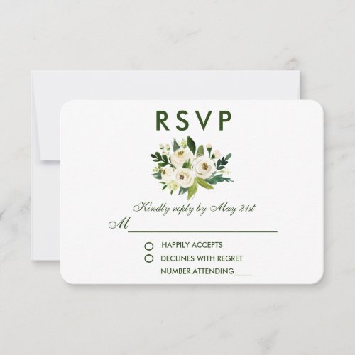 Watercolor Floral Green White Wedding RSVP GS