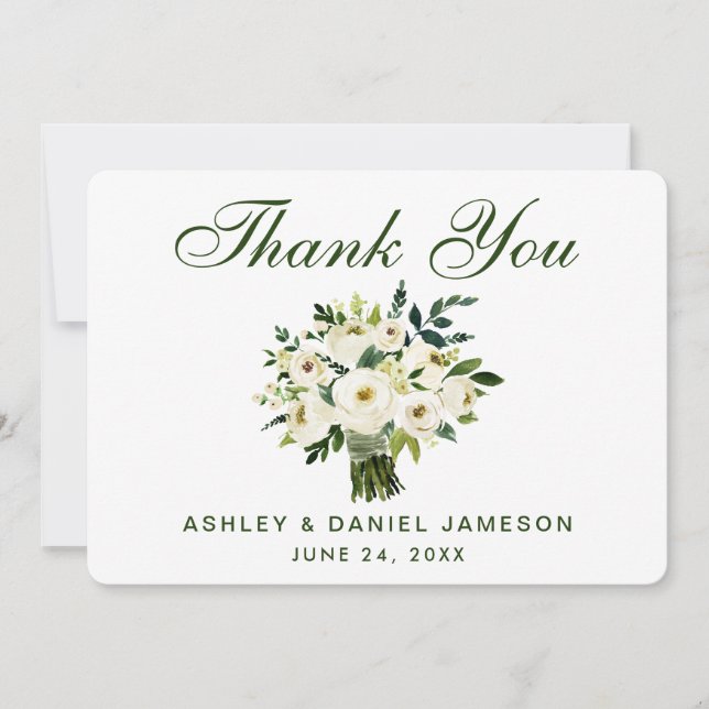 Watercolor Floral Green White Wedding Thank You B (Front)