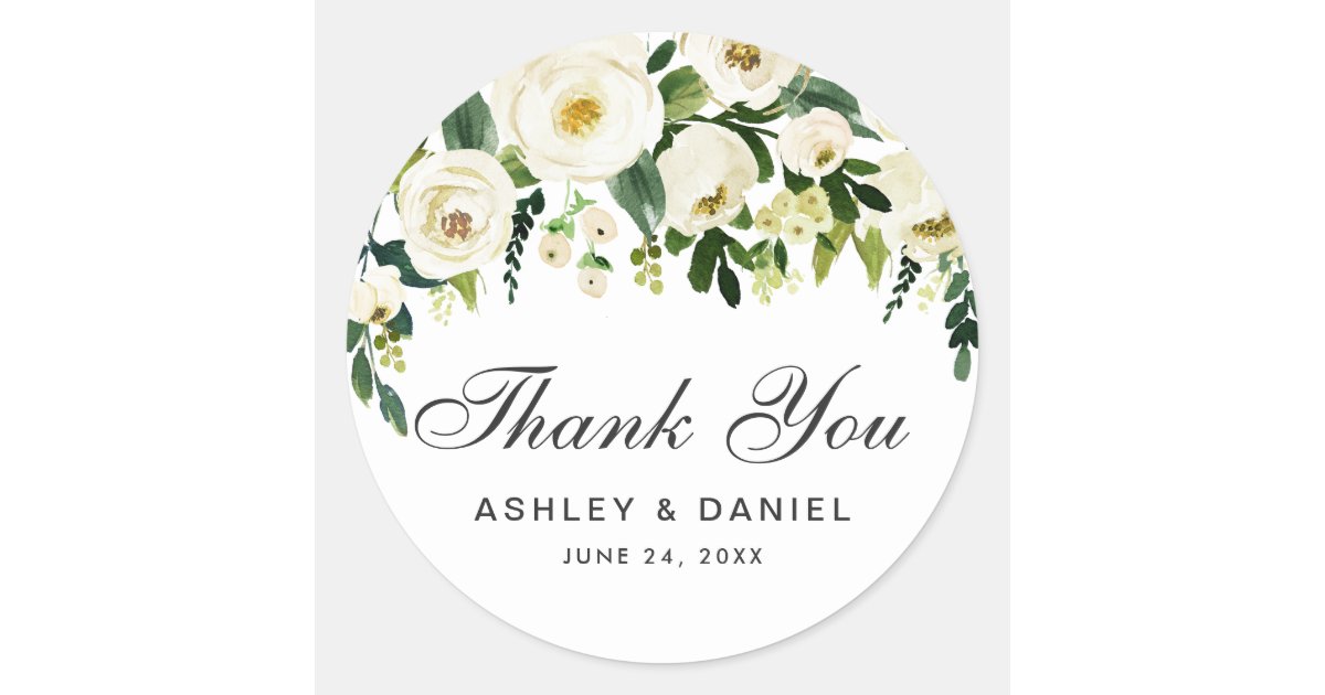 Watercolor Floral Green White Wedding Thank You Classic Round Sticker ...