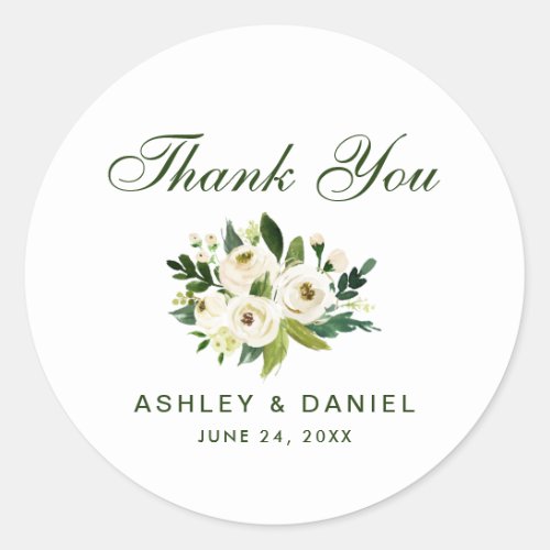 Watercolor Floral Green White Wedding Thank You Gr Classic Round Sticker