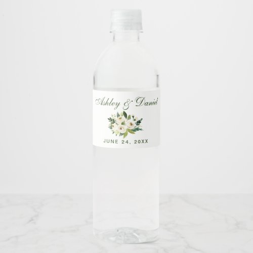 Watercolor Floral Green White Wedding Water Bottle Label