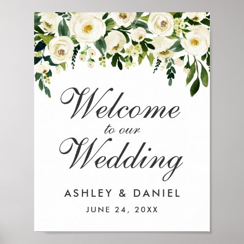 Watercolor Floral Green White Wedding Welcome Poster