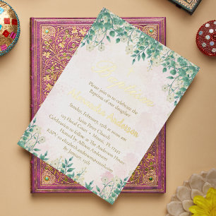 Watercolor Floral Greenery Baptism for Girls Foil Invitation
