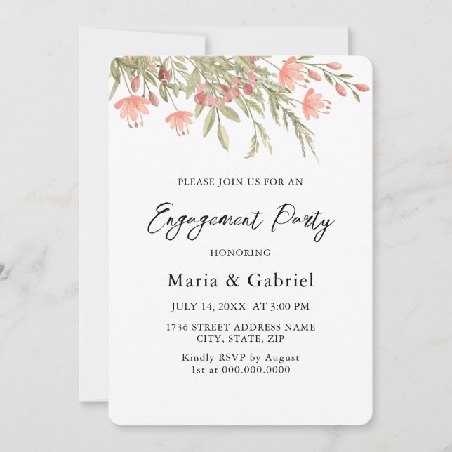 Watercolor Floral Greenery. Engagement Party Invit Invitation (Front)