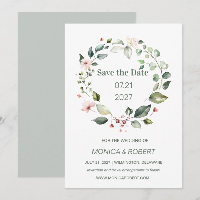 Watercolor floral, greenery foliage Save the Date Invitation (Front/Back)