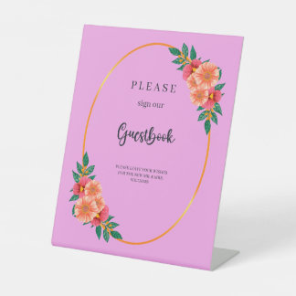 Watercolor Floral Greenery in Gold Frame Wedding Pedestal Sign