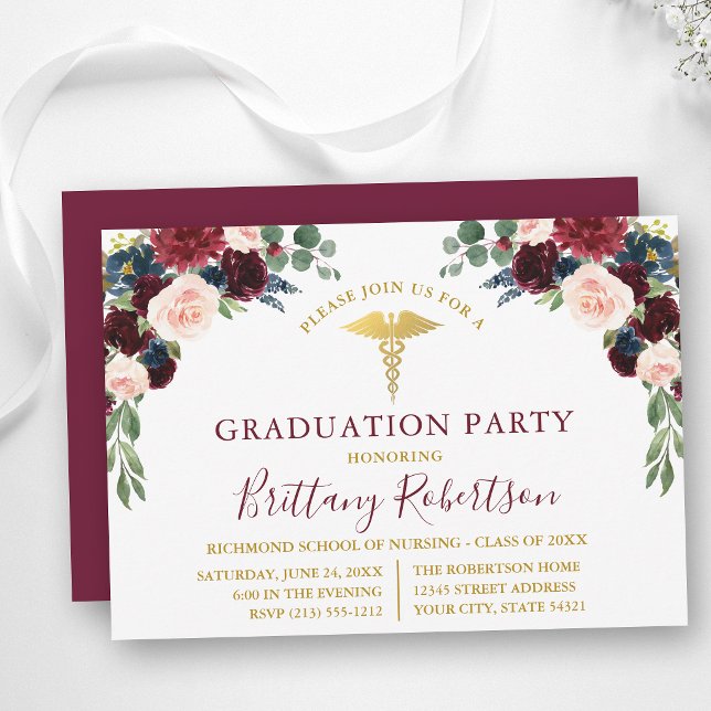 Watercolor Floral Greenery Medical Grad Party Invitation (Customize to change text size, color, style or to change color of back of card.)