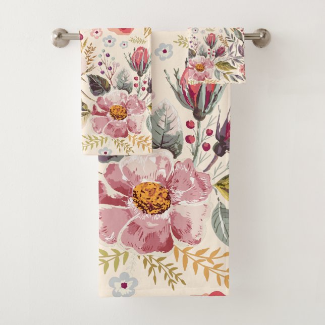 Watercolor Floral Greenery Pattern Bath Towel Set (Insitu)