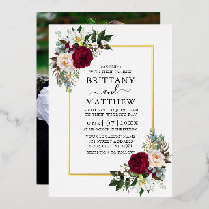 Watercolor Floral Greenery Photo Wedding Gold Foil Invitation