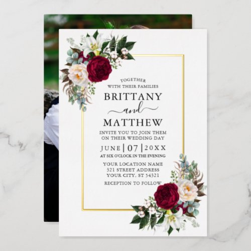 Watercolor Floral Greenery Photo Wedding Gold Foil Invitation