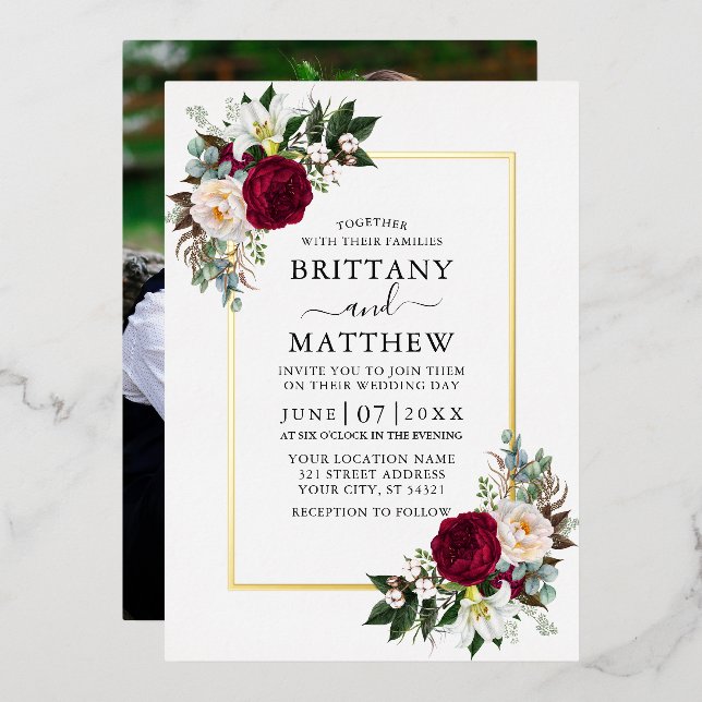 Watercolor Floral Greenery Photo Wedding Gold Foil Invitation (Front/Back)